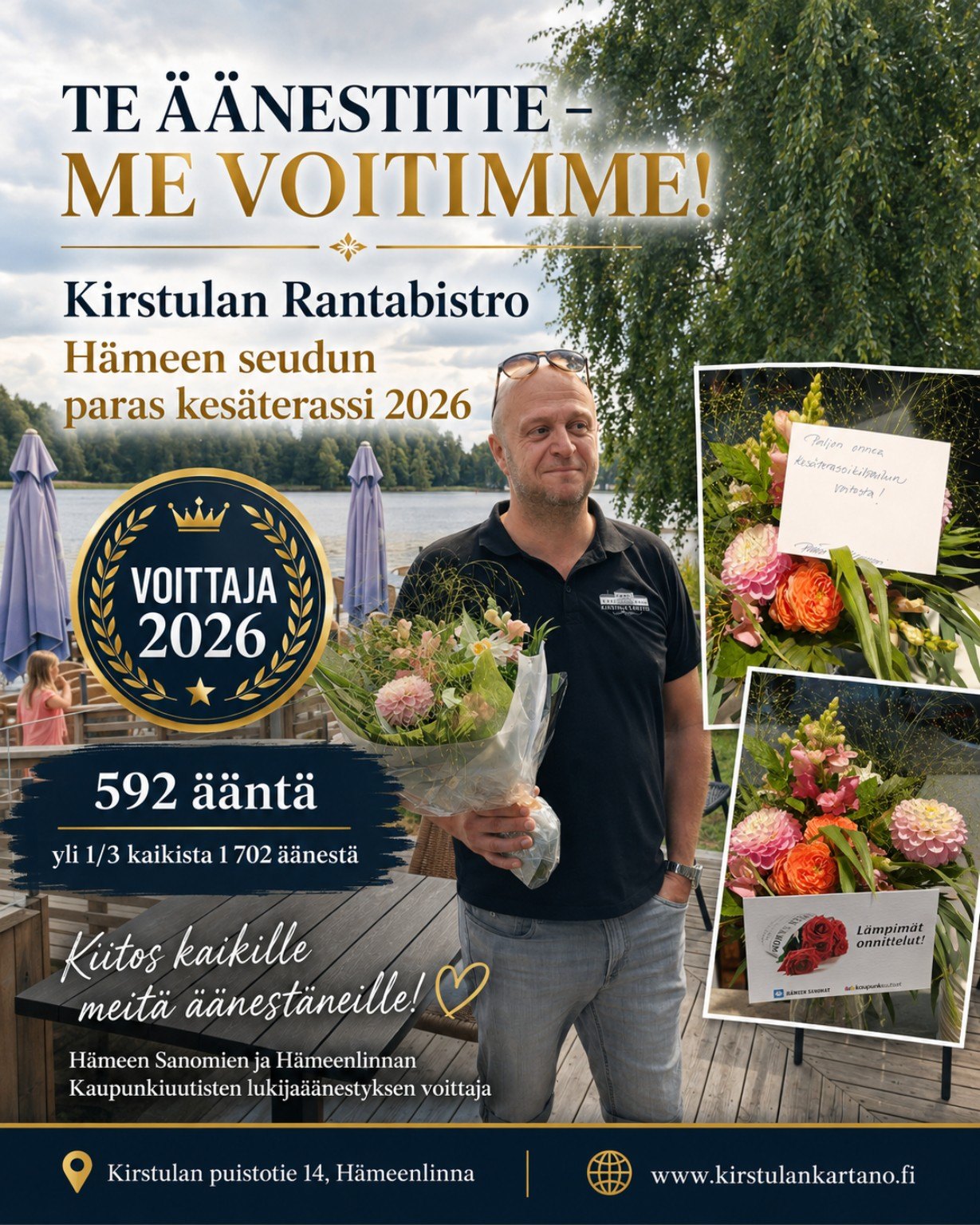 Kirstulan Rantabistro voitti Hämeen seudun parhaan kesäterassin lukijaäänestyksen vuonna 2026.